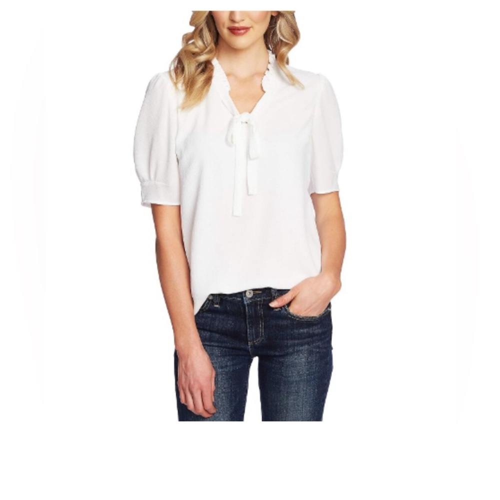 Women’s White Ruffle Tie, Short Sleeve Blouse.